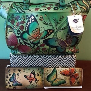 Anuschka Butterfly Handbag Tote Green Leather Hand Painted Set